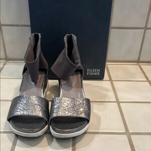 Eileen Fisher Silver Sandals with Metallic Strap